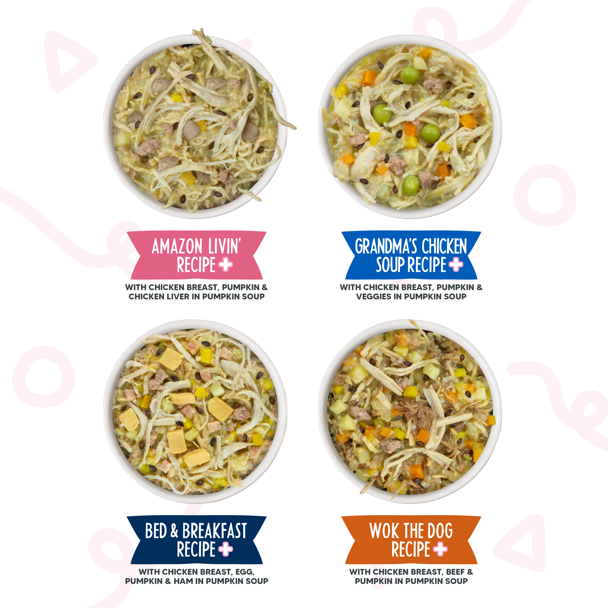 The Weruva Belly Belly Nice Variety Pack includes four chicken-based dog meals—Amazon Livin, Grandma’s Chicken Soup, Bed & Breakfast, and Wok the Dog—with visible meat and veggies to support gentle digestion and prebiotic fiber.