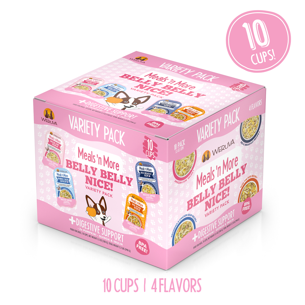 The Weruva Belly Belly Nice Variety Pack for cats includes 10 cups in 4 flavors with prebiotic fiber for gentle digestion, all in a pink and purple box featuring playful cat graphics.