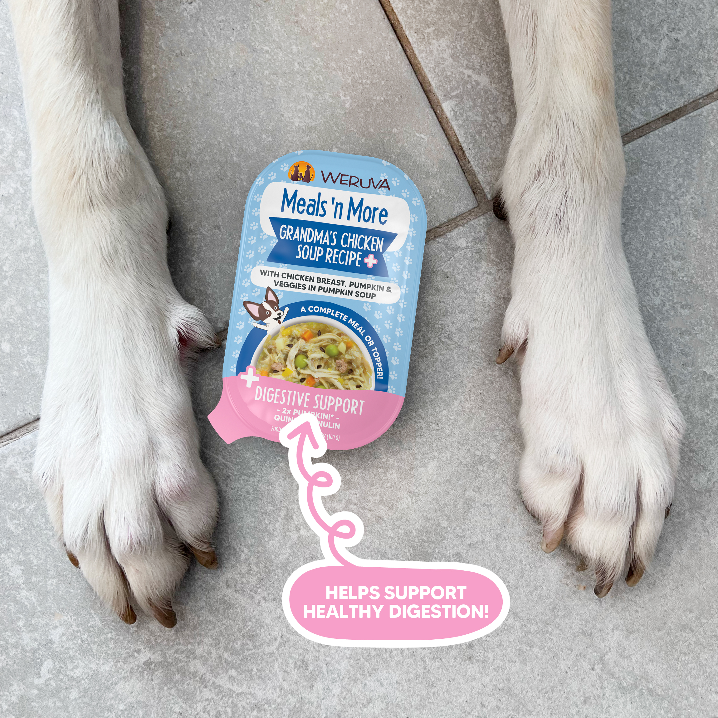 A packet of Weruva Belly Belly Nice Variety Pack dog food sits between a dog's front paws on a tiled floor, with text highlighting gentle digestion and digestive health support.