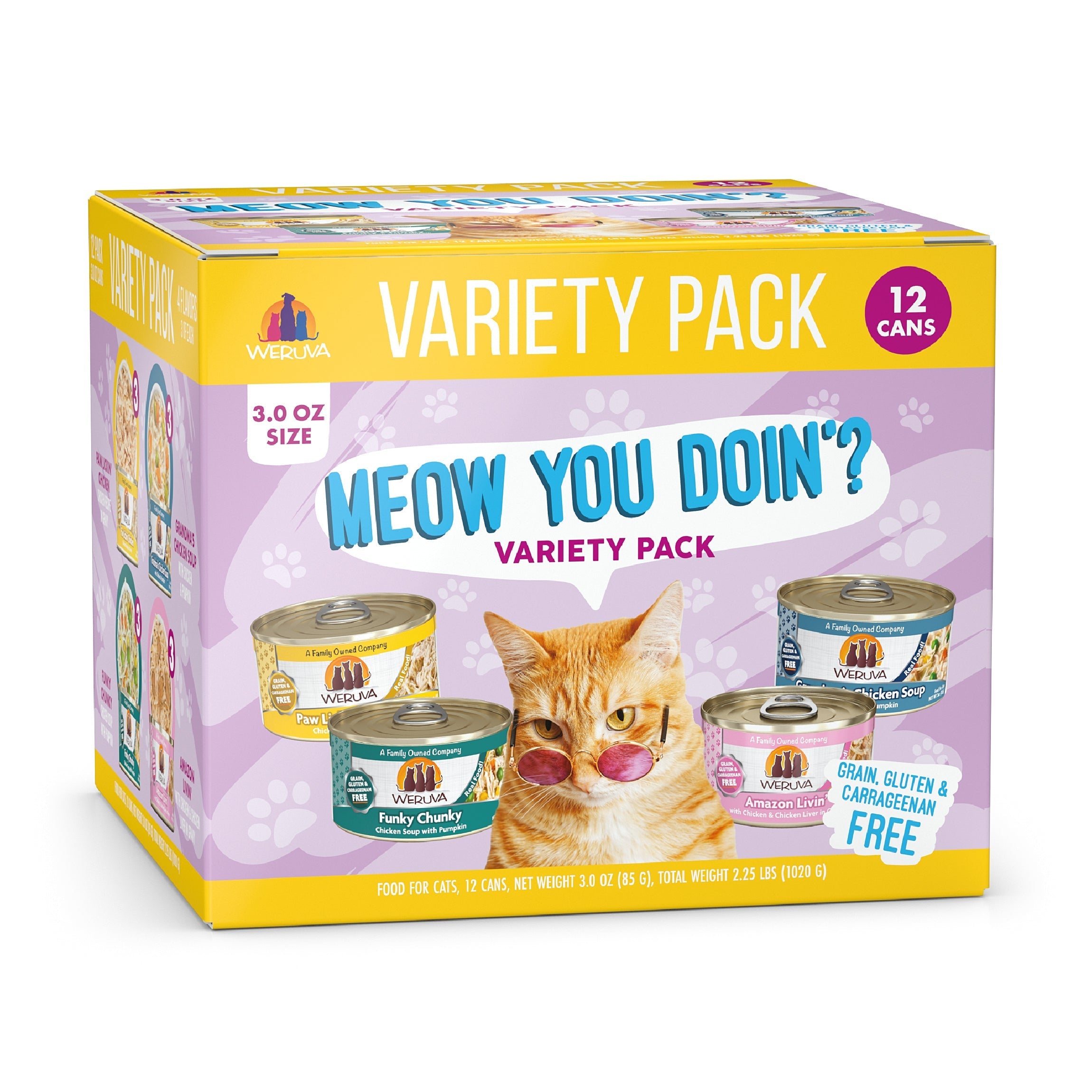 Weruva Meow You Doin'? variety pack includes 12 cans of boneless white breast chicken recipes for cats. The colorful box shows a cat’s face, paw prints, and highlights that it’s free of grain, gluten, and carrageenan.