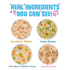 Four bowls of Weruva Meow You Doin’? shredded chicken and veggie cat food, labeled “Real Ingredients You Can See!” above. Perfect for variety packs!.