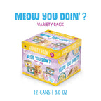 A 12-can box of Weruva's Meow You Doin'? Variety Pack features colorful packaging with images of cat food cans and a cat, highlighting "Variety Pack," "12 cans | 3.0 oz." and boneless white breast meat chicken recipes.