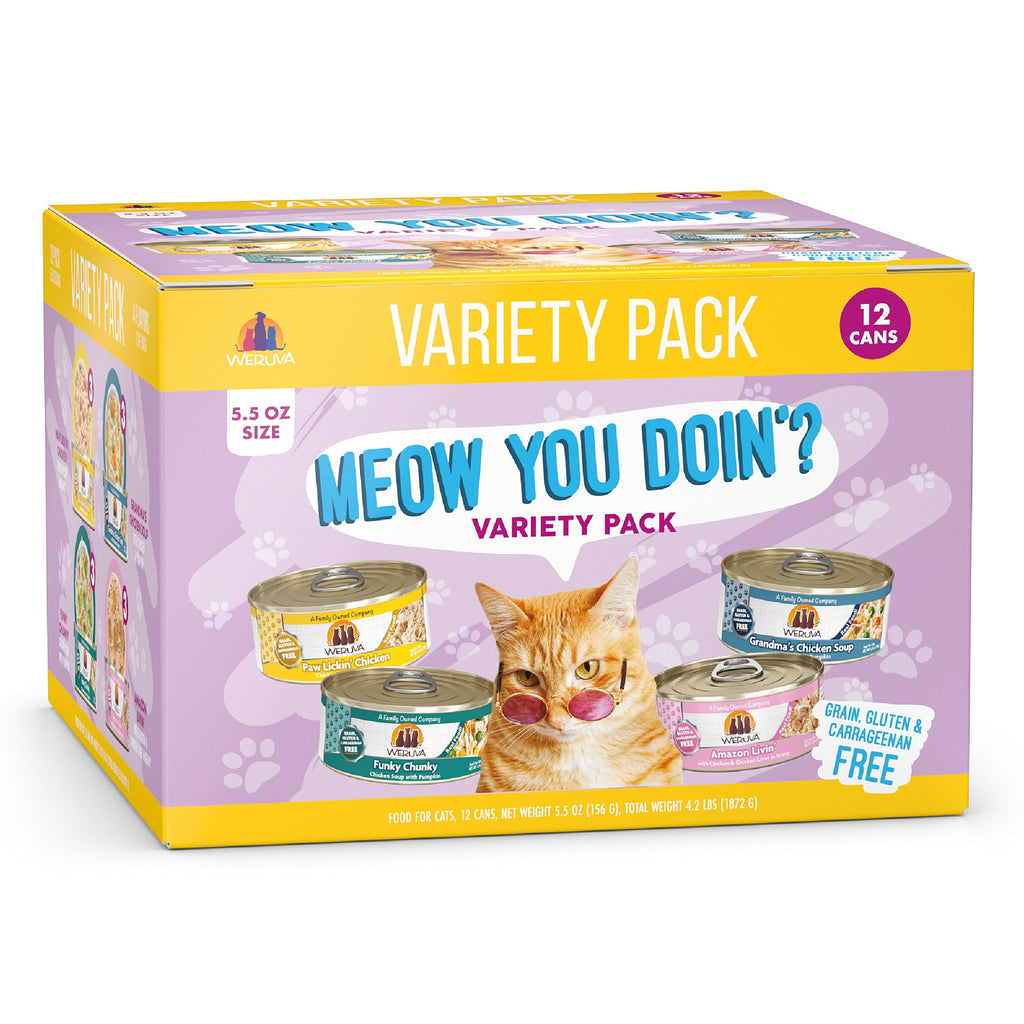 A box of Weruva Meow You Doin'? features 12 cans (5.5 oz) of boneless white breast chicken recipes, with images of cat food cans, a cat face, and labels like "Grain, Gluten & Carrageenan Free.