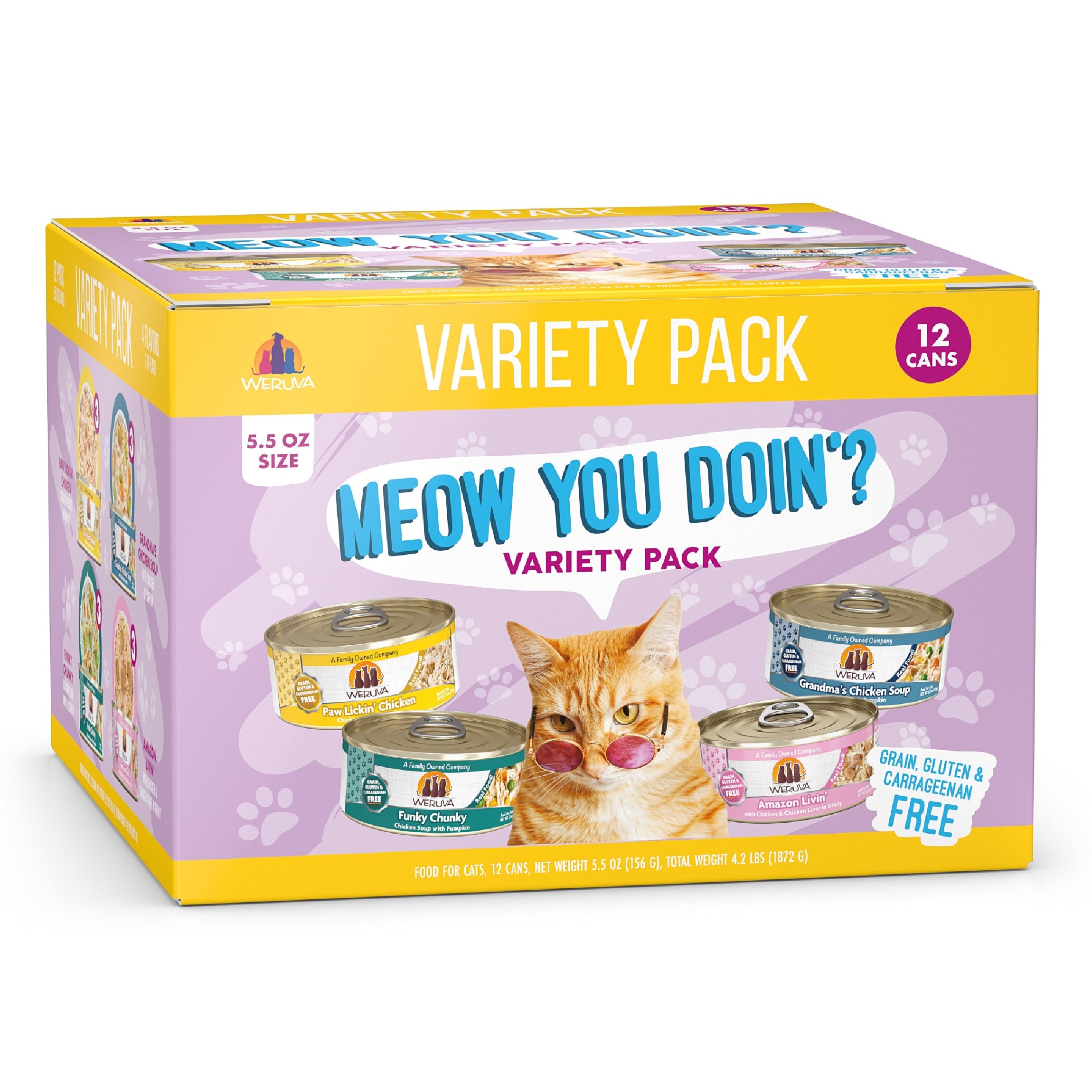 A box of Weruva Meow You Doin'? features 12 cans (5.5 oz) of boneless white breast chicken recipes, with images of cat food cans, a cat face, and labels like "Grain, Gluten & Carrageenan Free.