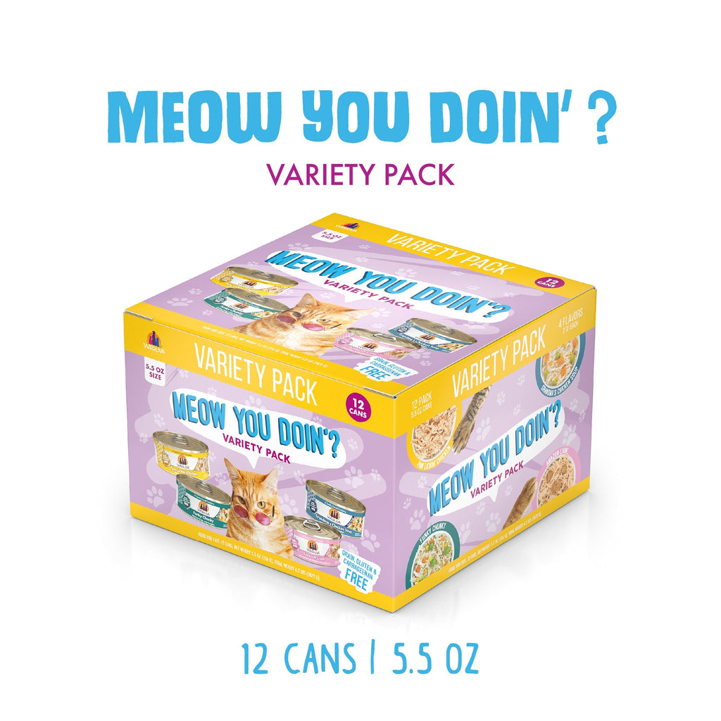 Weruva's Meow You Doin'? Variety Pack features a 12-can box of boneless, white breast meat chicken recipes (5.5 oz each), with assorted can colors and a playful cat image on the packaging.