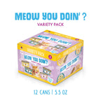 Weruva's Meow You Doin'? Variety Pack features a 12-can box of boneless, white breast meat chicken recipes (5.5 oz each), with assorted can colors and a playful cat image on the packaging.