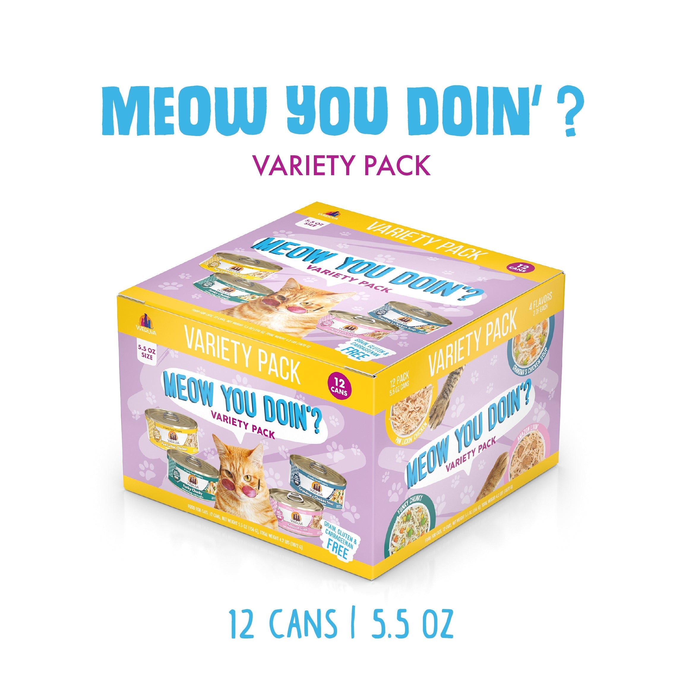 Weruva's Meow You Doin'? Variety Pack features a 12-can box of boneless, white breast meat chicken recipes (5.5 oz each), with assorted can colors and a playful cat image on the packaging.