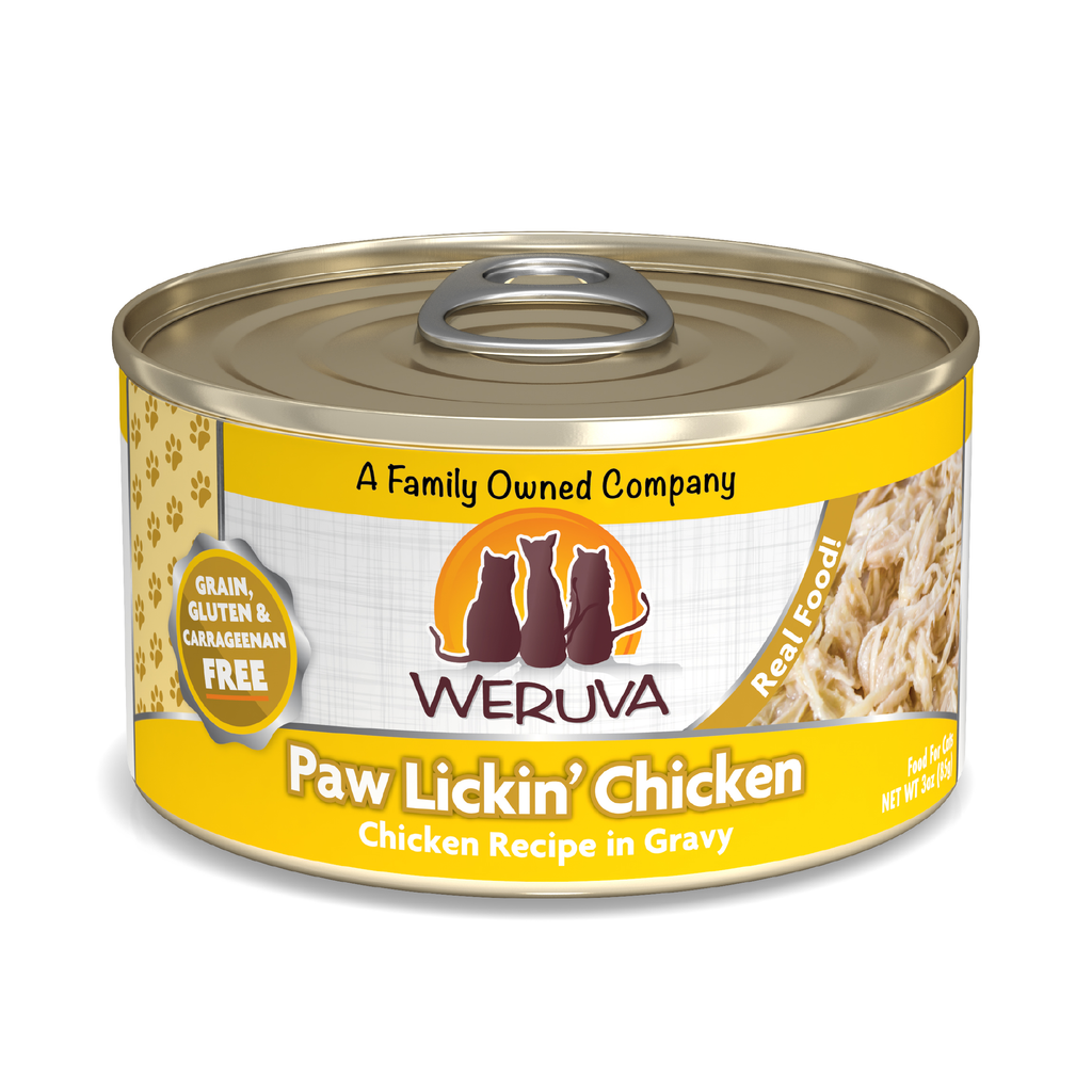 Weruva Paw Lickin’ Chicken cat food features shredded boneless white meat chicken in savory gravy. The label notes it's grain, gluten & carrageenan free, made by a family owned company, and shows a three-cat silhouette.