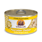 Weruva Paw Lickin’ Chicken cat food features shredded boneless white meat chicken in savory gravy. The label notes it's grain, gluten & carrageenan free, made by a family owned company, and shows a three-cat silhouette.
