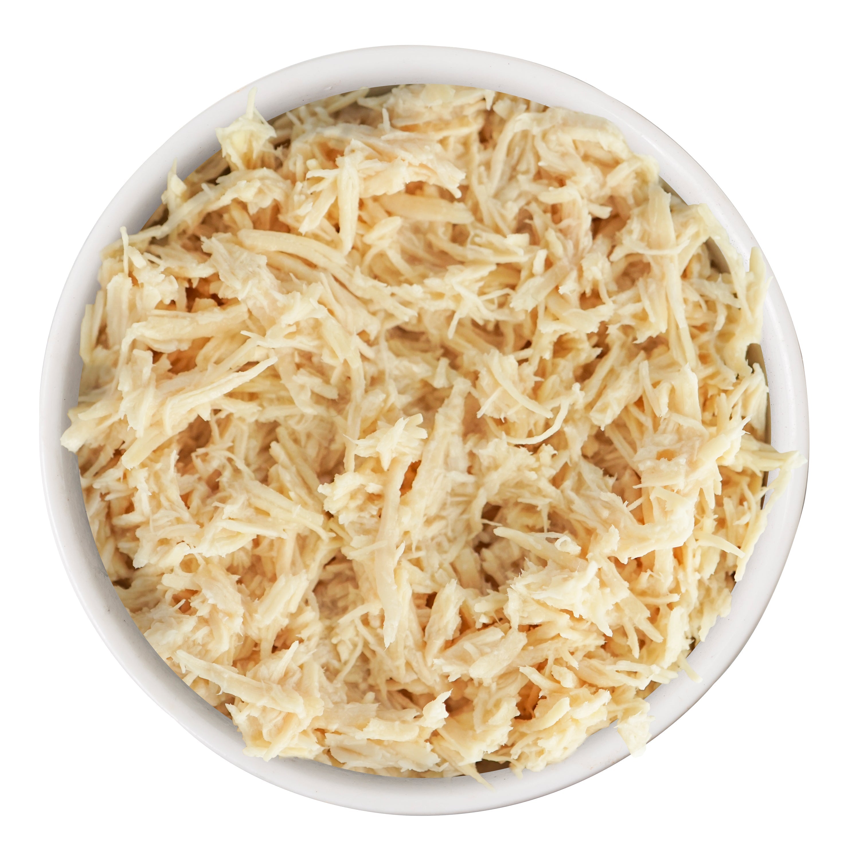 A white bowl filled with finely shredded boneless Weruva Paw Lickin' Chicken, seen from above on a white background—ideal for classic recipes or pairing with savory gravy.