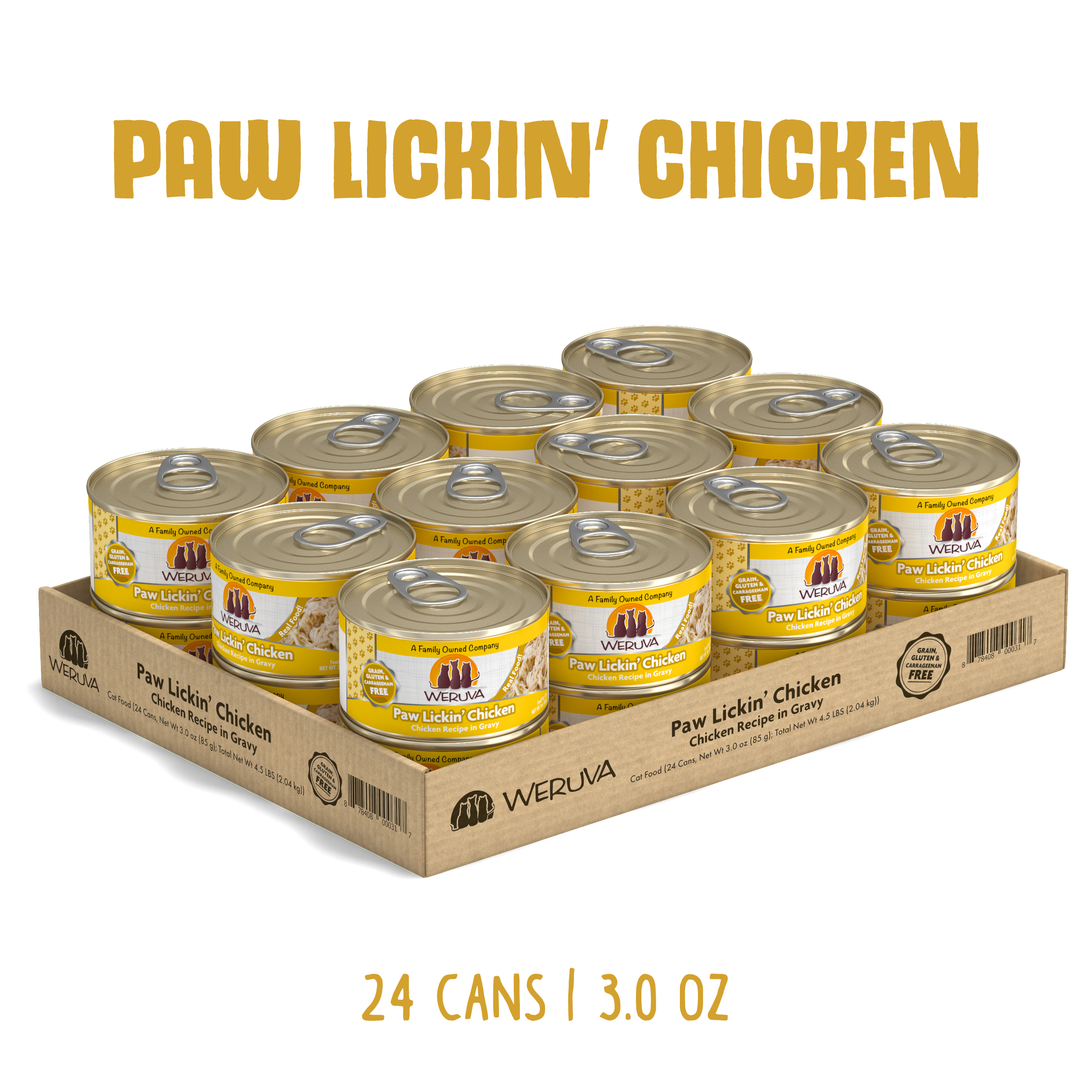 A cardboard tray holds 24 cans of Weruva Paw Lickin' Chicken cat food. The yellow-labeled 3 oz cans feature white breast meat chicken in gravy. Text reads: Paw Lickin' Chicken, 24 cans | 3.0 oz.