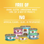 A set of Weruva Paw Lickin' Chicken cat food cans on a yellow background, featuring boneless white breast meat chicken in savory gravy—grain-free and made without gluten, carrageenan, wheat, corn, soy, by-products, or artificial additives.