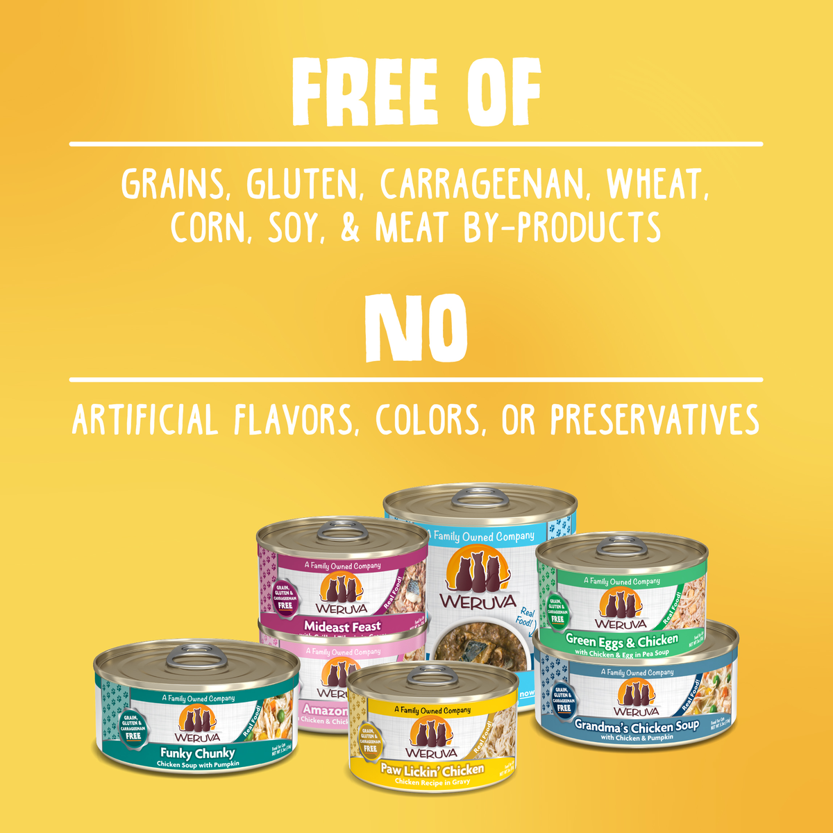 A set of Weruva Paw Lickin' Chicken cat food cans on a yellow background, featuring boneless white breast meat chicken in savory gravy—grain-free and made without gluten, carrageenan, wheat, corn, soy, by-products, or artificial additives.