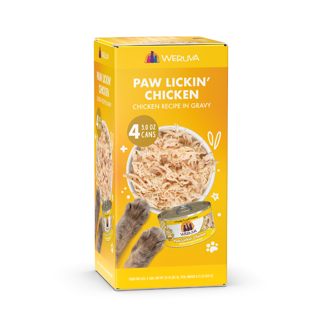 A Weruva Paw Lickin' Chicken box with vibrant packaging features four 3 oz cans of boneless chicken cat food in savory gravy, shredded white breast meat chicken in a bowl, and playful cat paw accents.