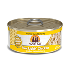 A can of Weruva Paw Lickin' Chicken cat food features boneless white meat chicken in gravy, is grain, gluten, and carrageenan free, and has a yellow and white design with shredded chicken on the label.