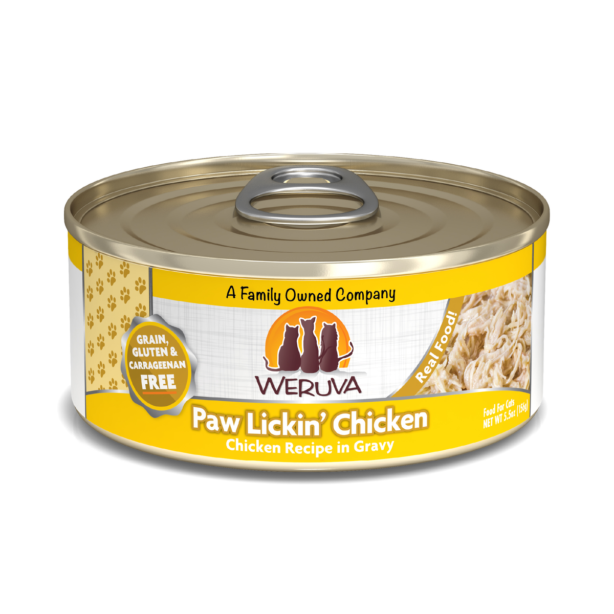 A can of Weruva Paw Lickin' Chicken cat food features boneless white meat chicken in gravy, is grain, gluten, and carrageenan free, and has a yellow and white design with shredded chicken on the label.