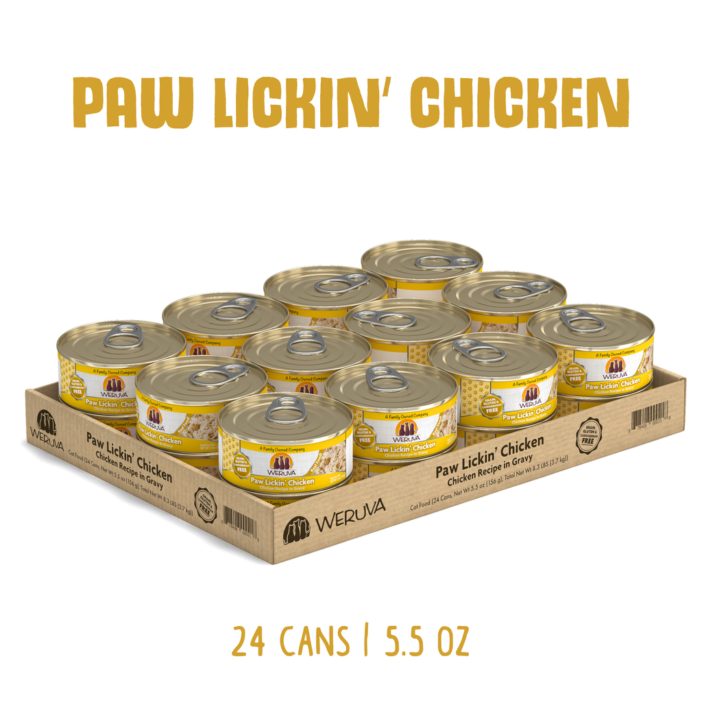 A cardboard tray holds 24 cans of Weruva Paw Lickin’ Chicken, a white breast meat chicken cat food in gravy. The label reads “Paw Lickin’ Chicken” above and “24 cans | 5.5 oz” below.