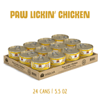 A cardboard tray holds 24 cans of Weruva Paw Lickin’ Chicken, a white breast meat chicken cat food in gravy. The label reads “Paw Lickin’ Chicken” above and “24 cans | 5.5 oz” below.