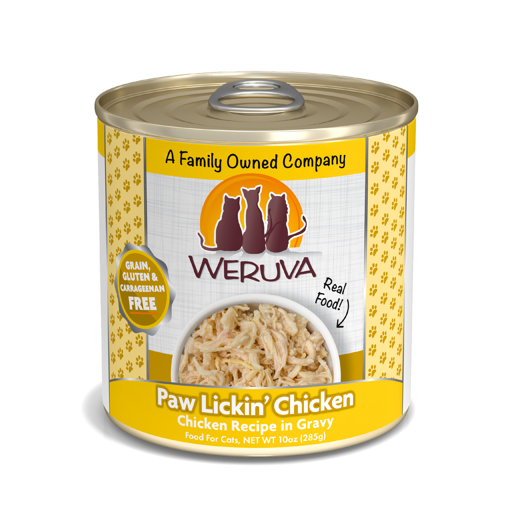 A can of Weruva Paw Lickin’ Chicken cat food features shredded boneless chicken in savory gravy, a yellow label, and is grain, gluten, and carrageenan free from a family-owned company.