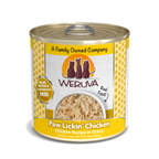 A can of Weruva Paw Lickin’ Chicken cat food features shredded boneless chicken in savory gravy, a yellow label, and is grain, gluten, and carrageenan free from a family-owned company.