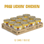 A tray of twelve 10.0 oz Weruva Paw Lickin’ Chicken canned cat food cans, featuring boneless white breast meat chicken in savory gravy, with yellow labels, arranged in three rows and displaying the Weruva logo.