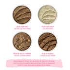 Four circular images of Weruva’s The Suppertime Sweepstakes cat food—Jolly Good Fares (chicken & salmon), Press Your Lunch! (chicken), Meows N’ Holler Purramid (chicken & shrimp), and Meal or No Deal! (chicken & beef).