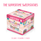 A colorful Weruva box labeled "The Suppertime Sweepstakes" sits on a white surface. It features cartoon cats, pink accents, and contains 12 cans of high-quality protein paté cat food in 4 flavors.