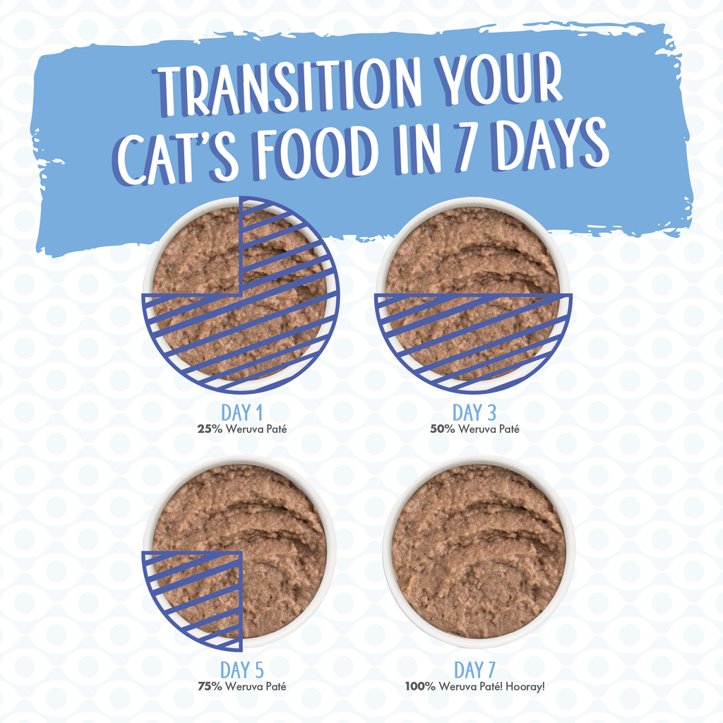 Four bowls show growing portions of Weruva's The Suppertime Sweepstakes over seven days: 25% new food on day 1, 50% on day 3, 75% on day 5, and a full bowl by day 7—illustrating how to transition your cat’s diet.