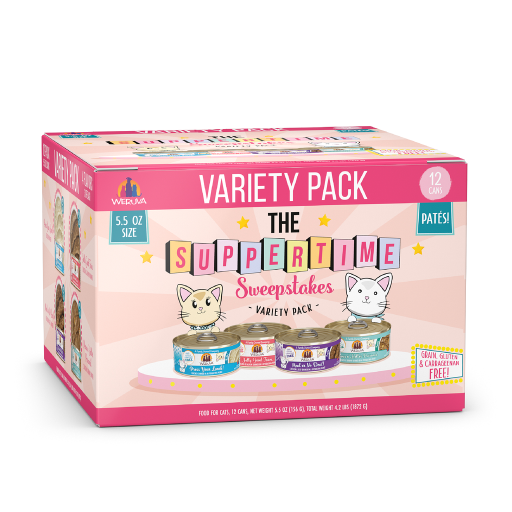 A pink Weruva cat food box labeled "The Suppertime Sweepstakes" features cartoon cats, canned food images, flavor and size details, plus a high-quality protein highlight on the front.