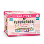 A pink Weruva cat food box labeled "The Suppertime Sweepstakes" features cartoon cats, canned food images, flavor and size details, plus a high-quality protein highlight on the front.
