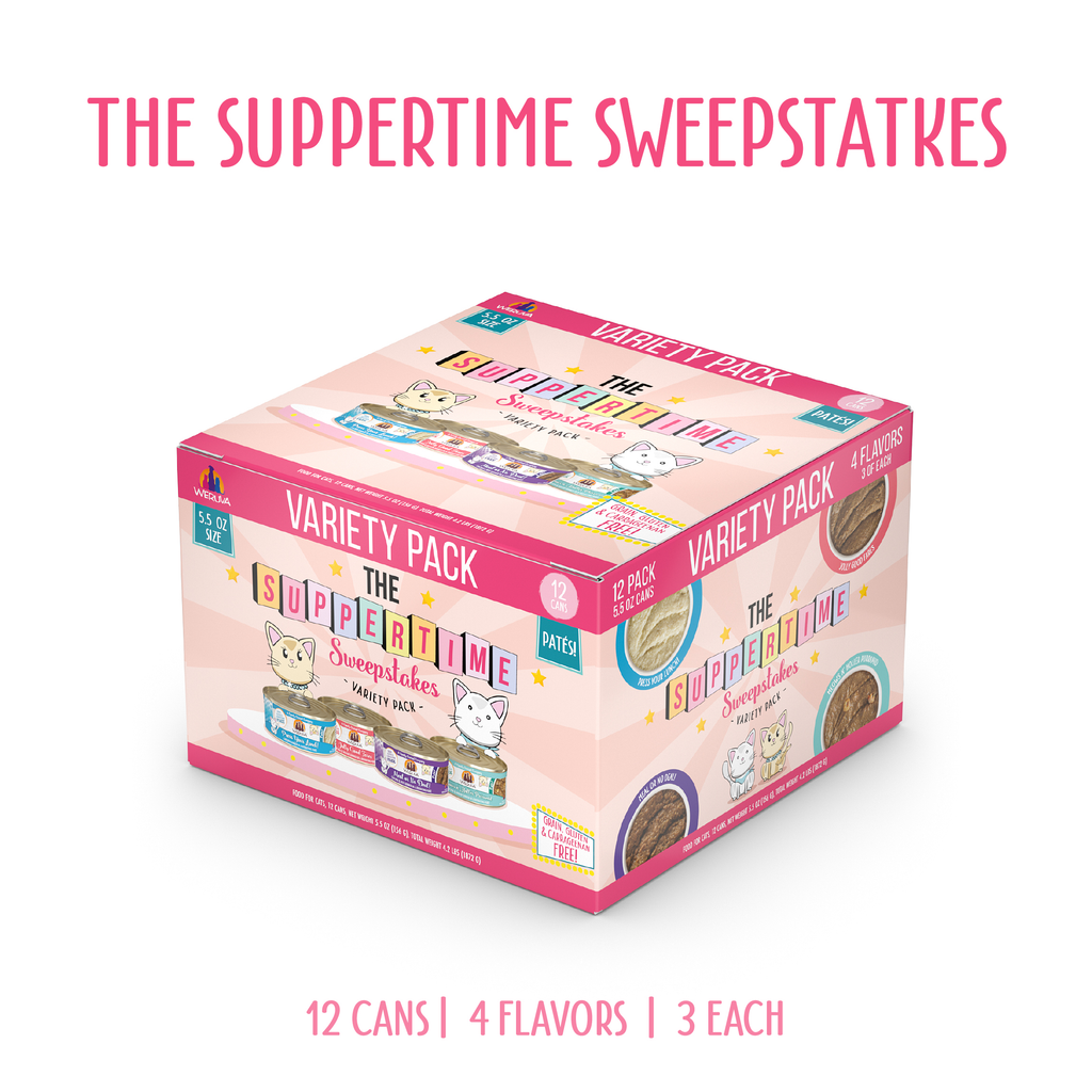 A pink and white box labeled "The Suppertime Sweepstakes" by Weruva shows cats and cat food cans. Text above: The Suppertime Sweepstakes. Bottom text: 12 cans, 4 flavors, high-quality protein recipes.