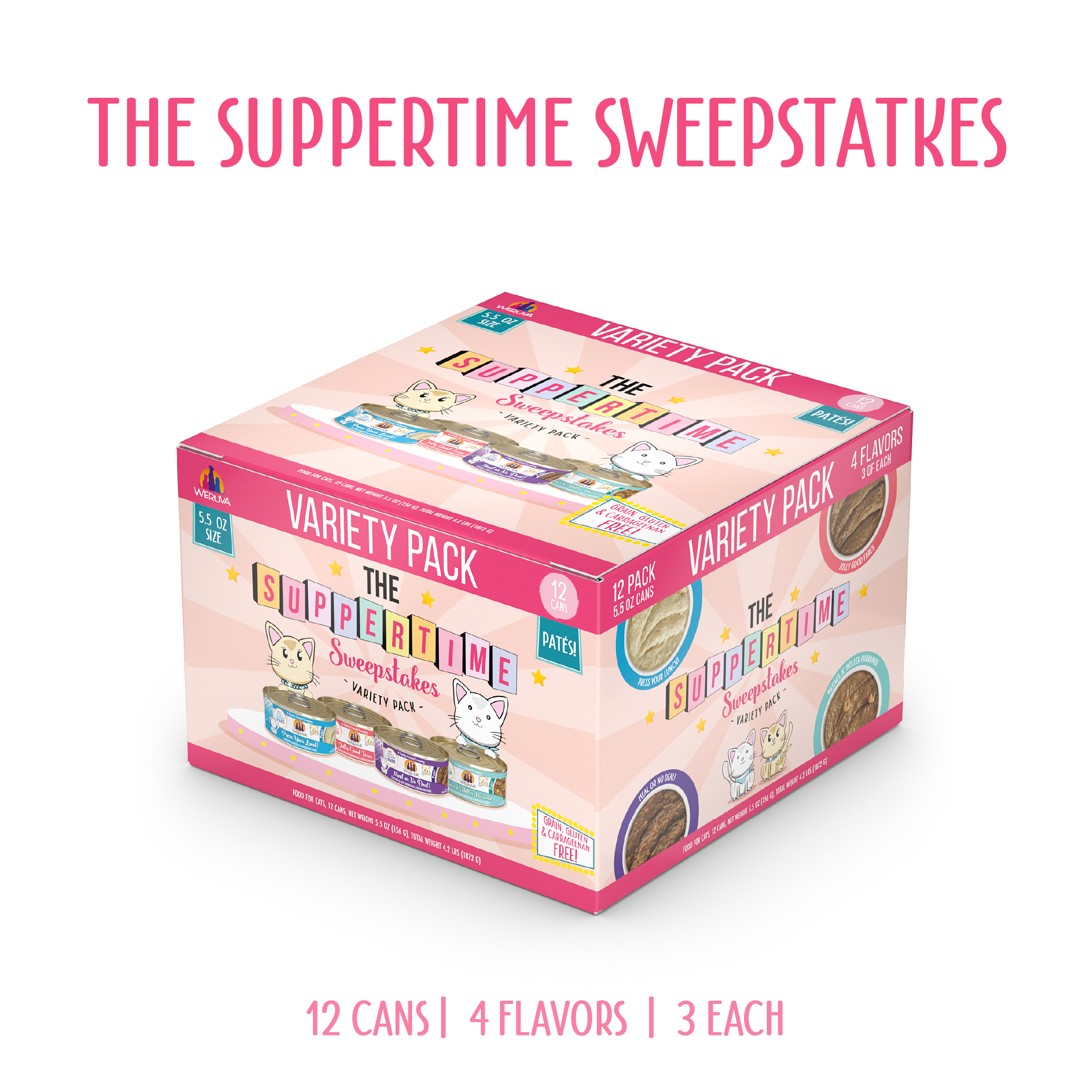 A pink and white box labeled "The Suppertime Sweepstakes" by Weruva shows cats and cat food cans. Text above: The Suppertime Sweepstakes. Bottom text: 12 cans, 4 flavors, high-quality protein recipes.