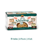 A box of Weruva Spoil Me Stewpid! Cat Stew Variety Pack with 18 pouches in 6 flavors, like wild-caught salmon and cage-free chicken. Packaging features pouch images and highlights grain, gluten & carrageenan free recipes.