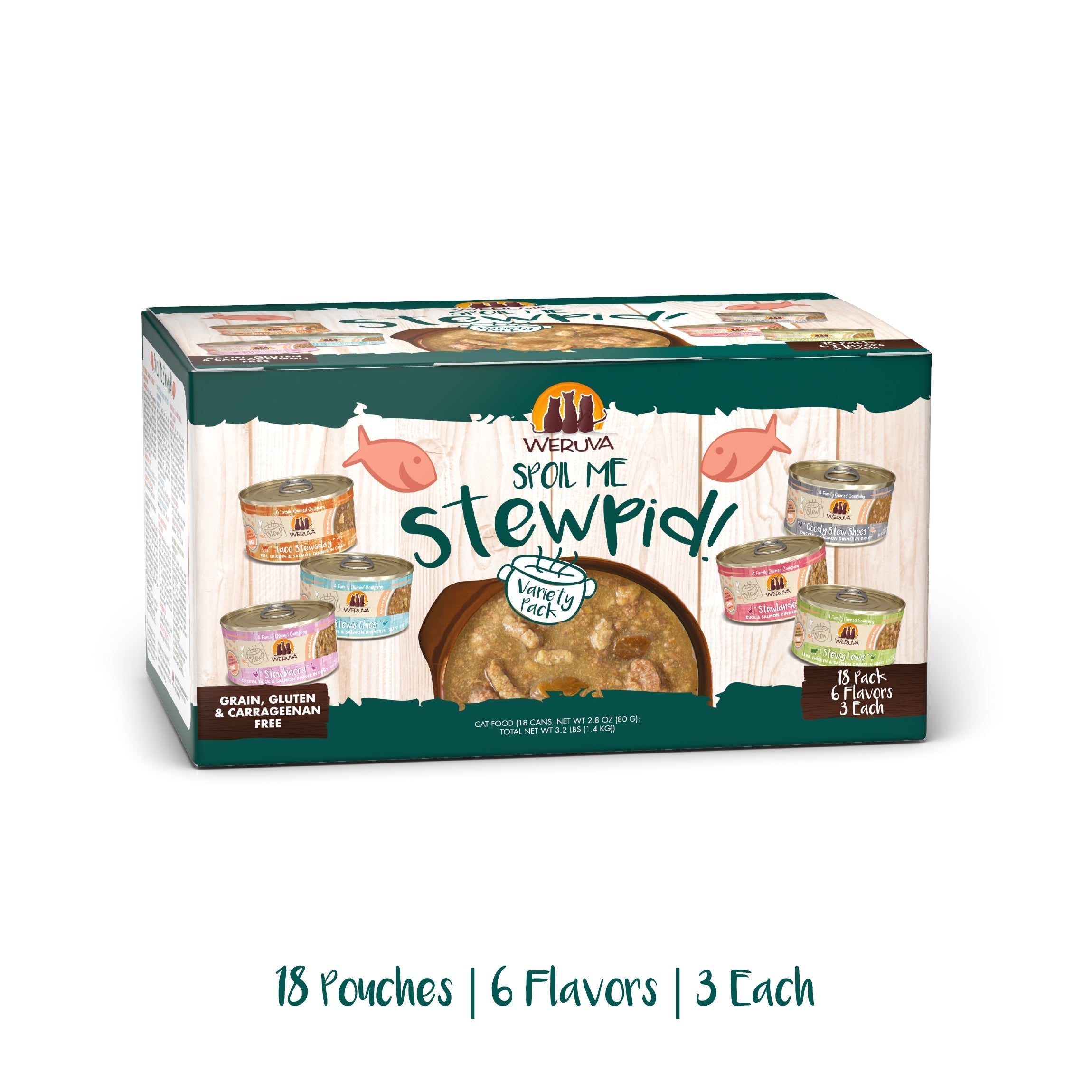 A box of Weruva Spoil Me Stewpid! Cat Stew Variety Pack with 18 pouches in 6 flavors, like wild-caught salmon and cage-free chicken. Packaging features pouch images and highlights grain, gluten & carrageenan free recipes.