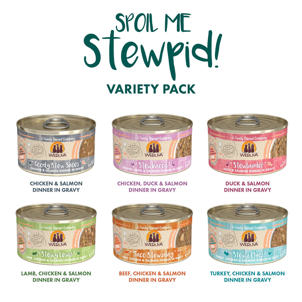 Weruva’s Spoil Me Stewpid! variety pack offers six flavors of cat stew, made with cage-free chicken and wild-caught salmon, including Chicken & Salmon, Duck & Salmon, and Beef/Chicken/Salmon.