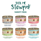 Weruva’s Spoil Me Stewpid! variety pack offers six flavors of cat stew, made with cage-free chicken and wild-caught salmon, including Chicken & Salmon, Duck & Salmon, and Beef/Chicken/Salmon.