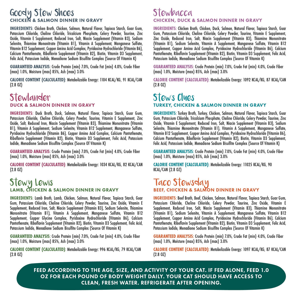 A label with feeding instructions, calorie content, guaranteed analysis, and ingredients—including cage-free chicken and wild-caught salmon—for Weruva’s Spoil Me Stewpid! Cat Stew.