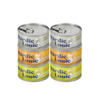 Stacks of Birdie & Louie canned cat food with labels indicating different flavors, such as Tuna and Papaya, Tuna and Pineapple, and Tuna and Olive.