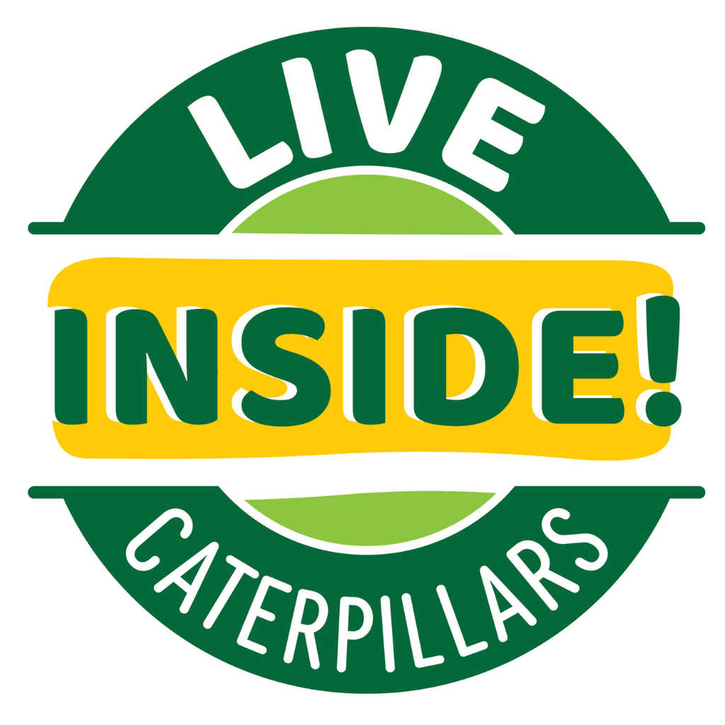 Logo with text 'Live Inside! Caterpillars' in green and yellow on a white background