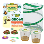 Butterfly observation kit with journal, instructions, and containers on a white background