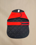 Blaze orange dog coat with quilted lining on a beige background