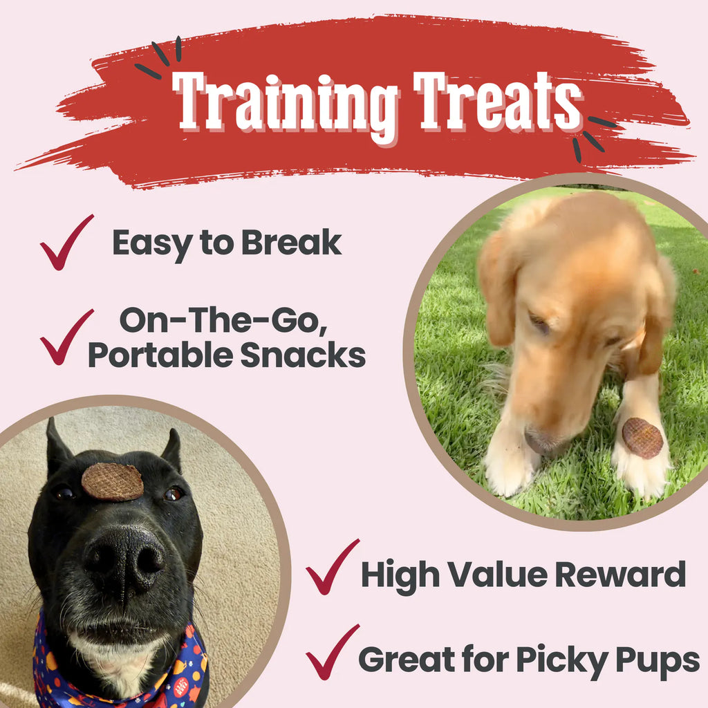 Two pictures of dogs balancing Training Treats using Farm to Pet Beef chips on a paw and head with a text.