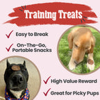 Two pictures of dogs balancing Training Treats using Farm to Pet Beef chips on a paw and head with a text.