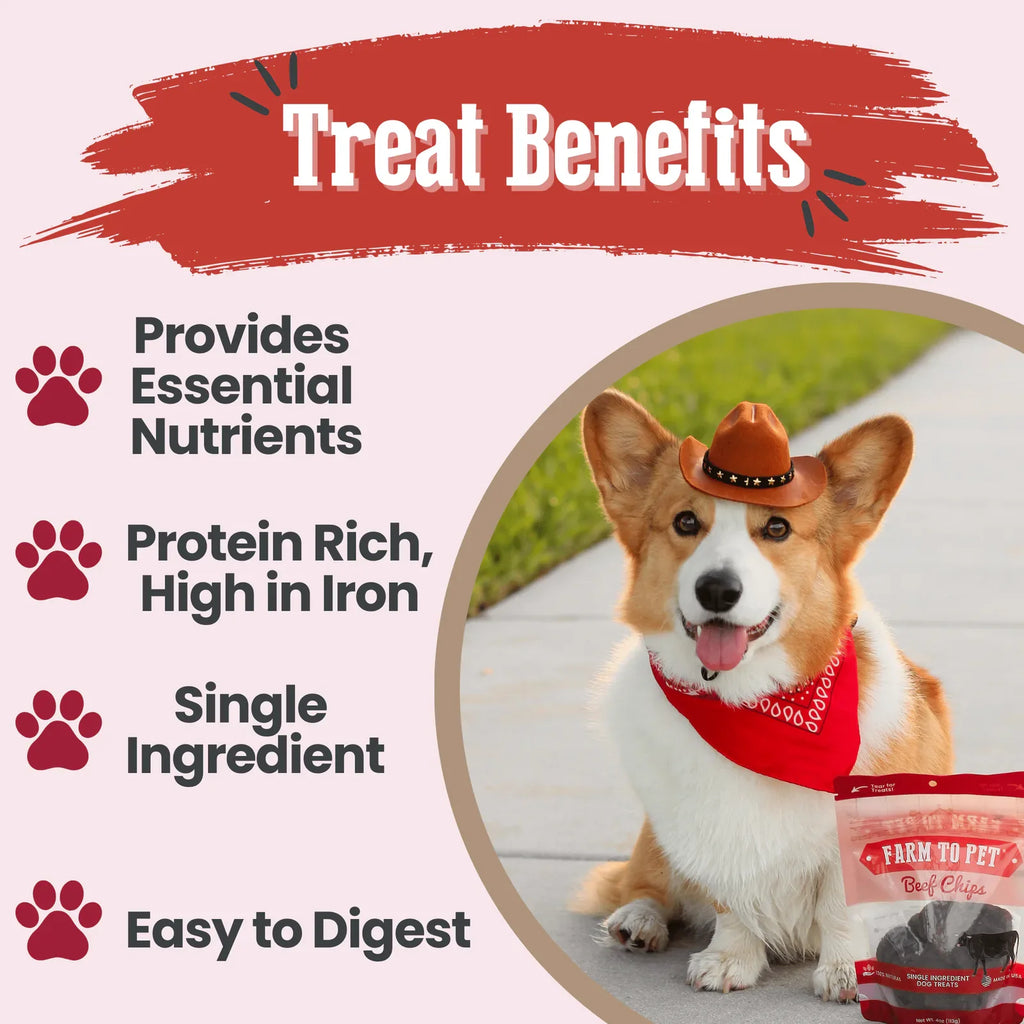 A Corgi wearing a red bandana and cowboy hat with a Farm to Pet Beef Chips treat package, with a text about treat benefits.