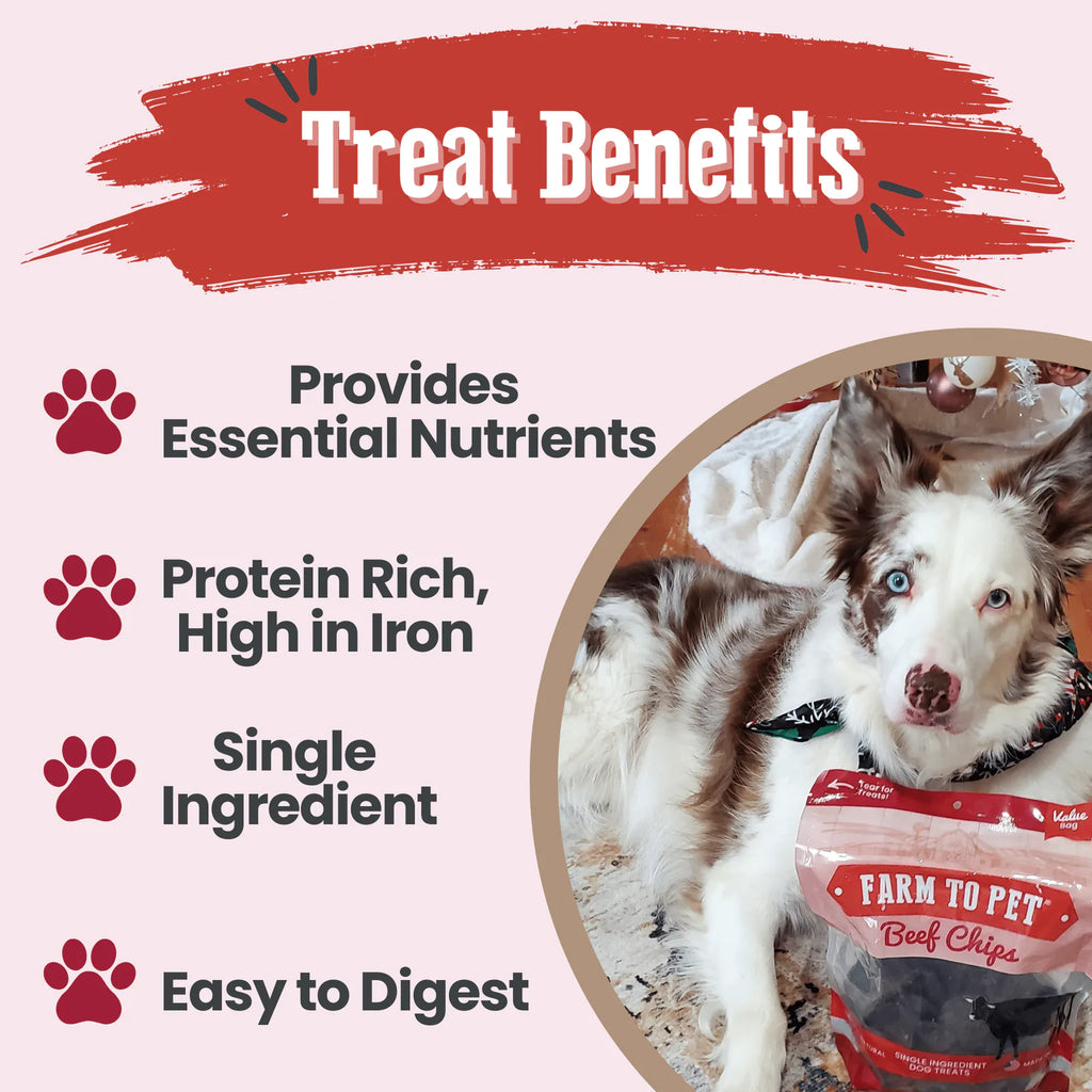 A dog with a package of Farm to Pet beef chips and text about treat benefits on a white background.
