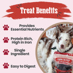A dog with a package of Farm to Pet beef chips and text about treat benefits on a white background.