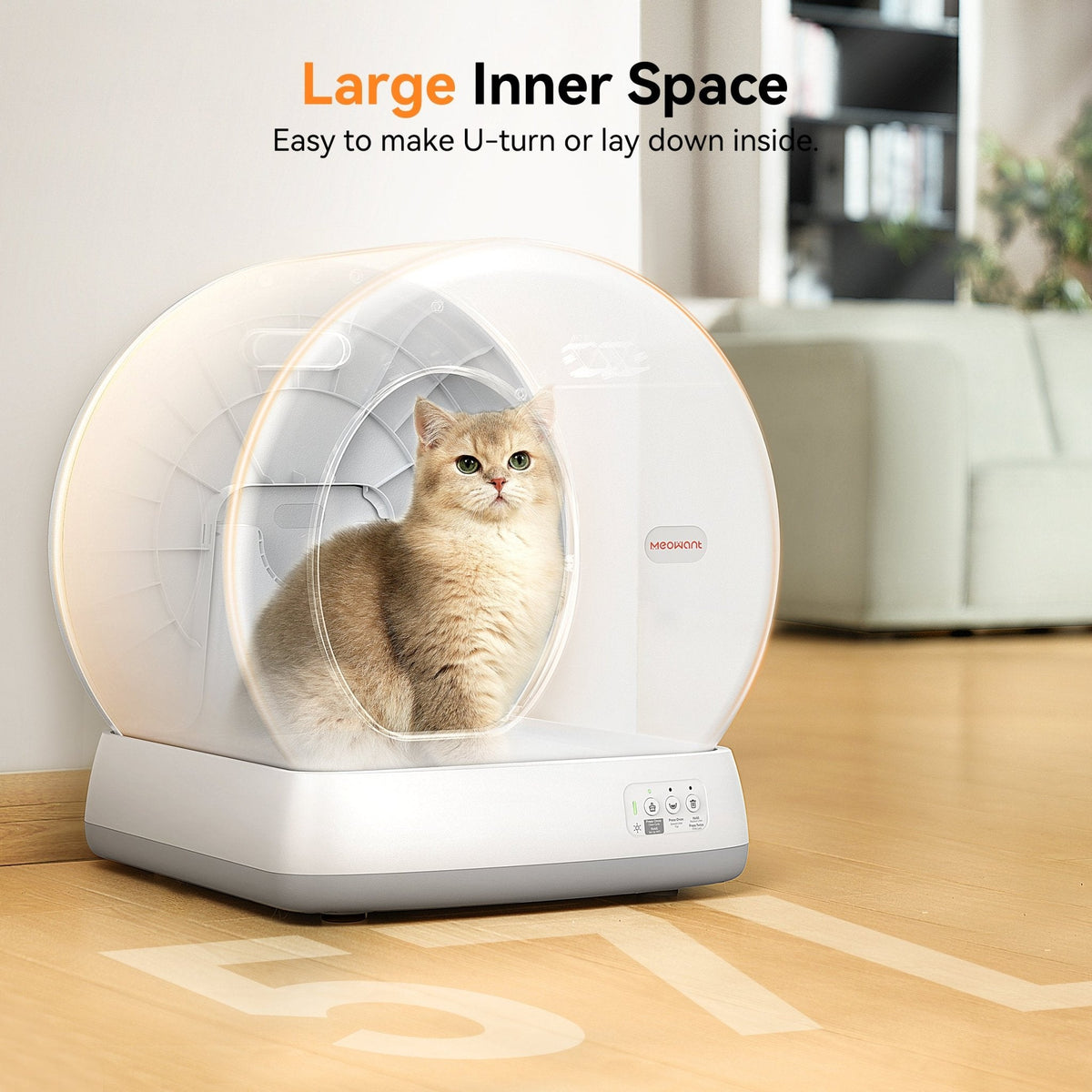 Meowant Self-Cleaning Cat Litter Box SC01 (Yellow/Gray) with cat, large inner space.