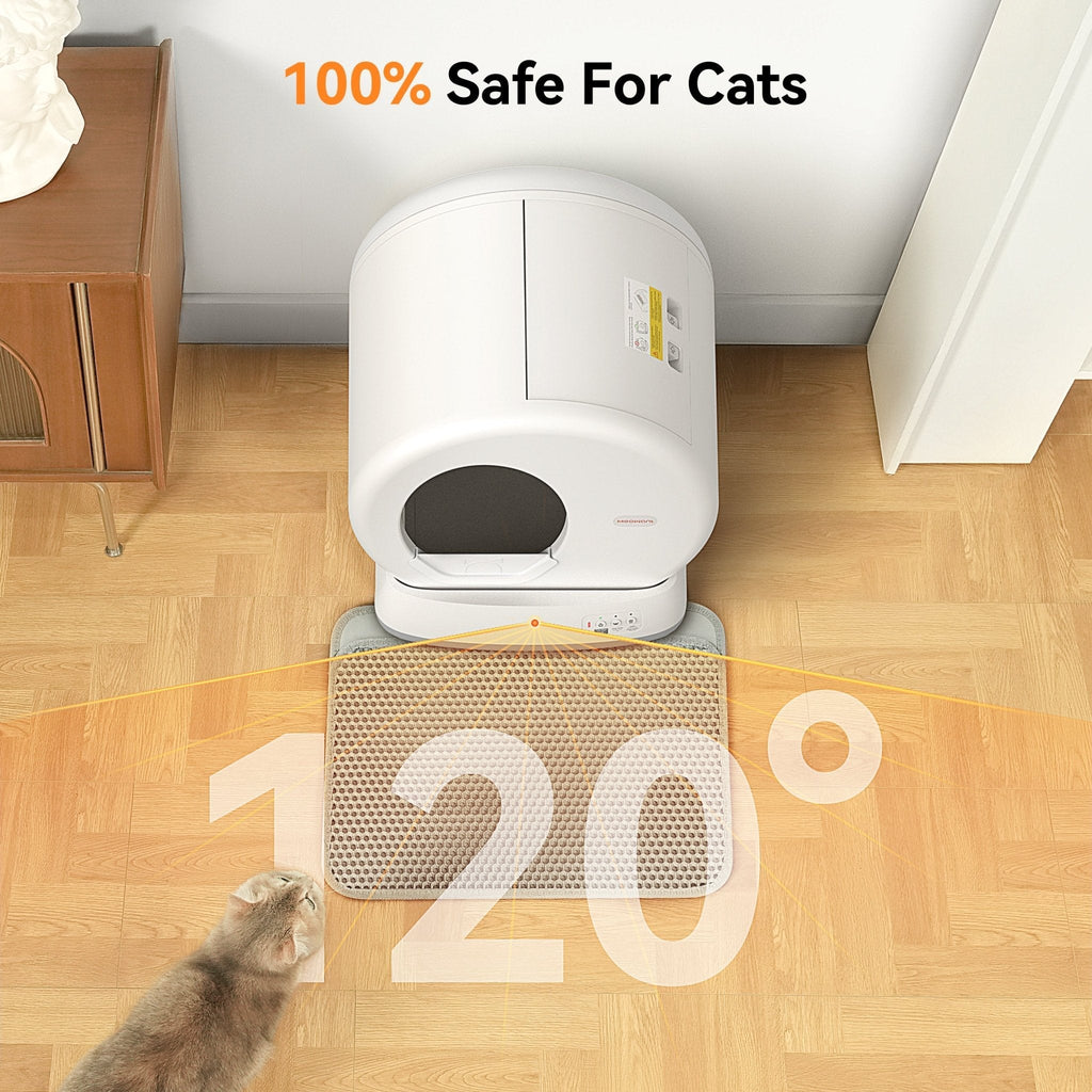 Meowant MW-SC01 self-cleaning litter box, white/gray, with cat and '100% Safe For Cats' text overlay.