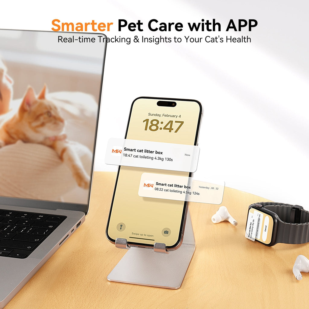 Meowant self-cleaning cat litter box app notifications on phone and smartwatch for smarter pet care.