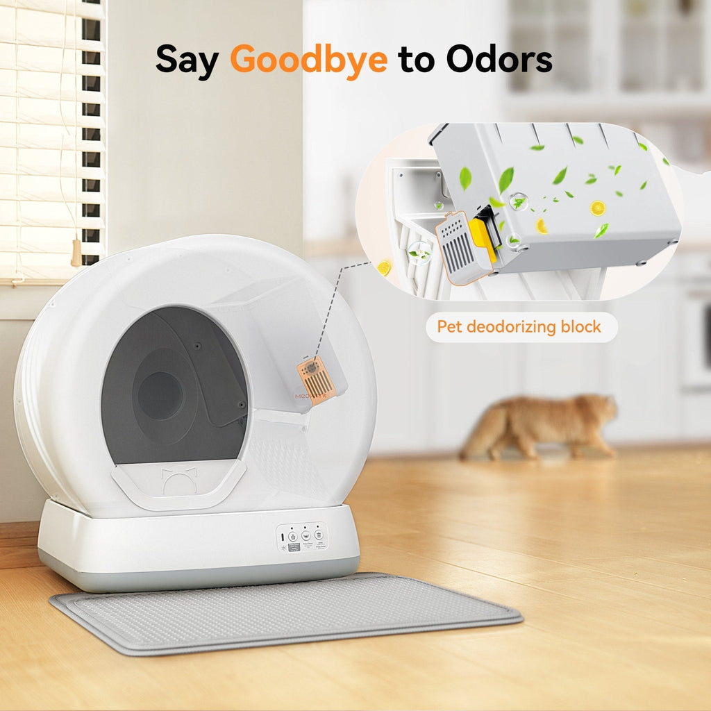 Meowant MW-SC01 self-cleaning cat litter box, gray and yellow model, highlighting odor control.